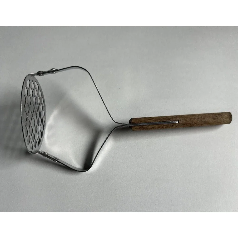 Vintage Robinson Stainless Steel Potato Masher – Wood Handle USA Made Grid Head